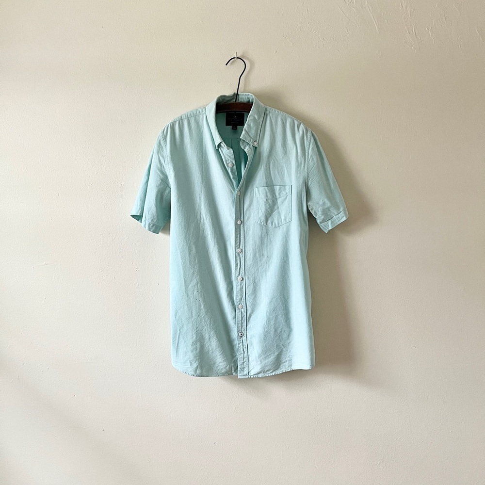American Eagle Short Sleeve Button Up Sea Foam Green Blue Cotton MT Tall Spring